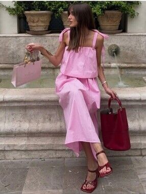 Zara Cotton Poplin Tie Pink Midi Dress NWT